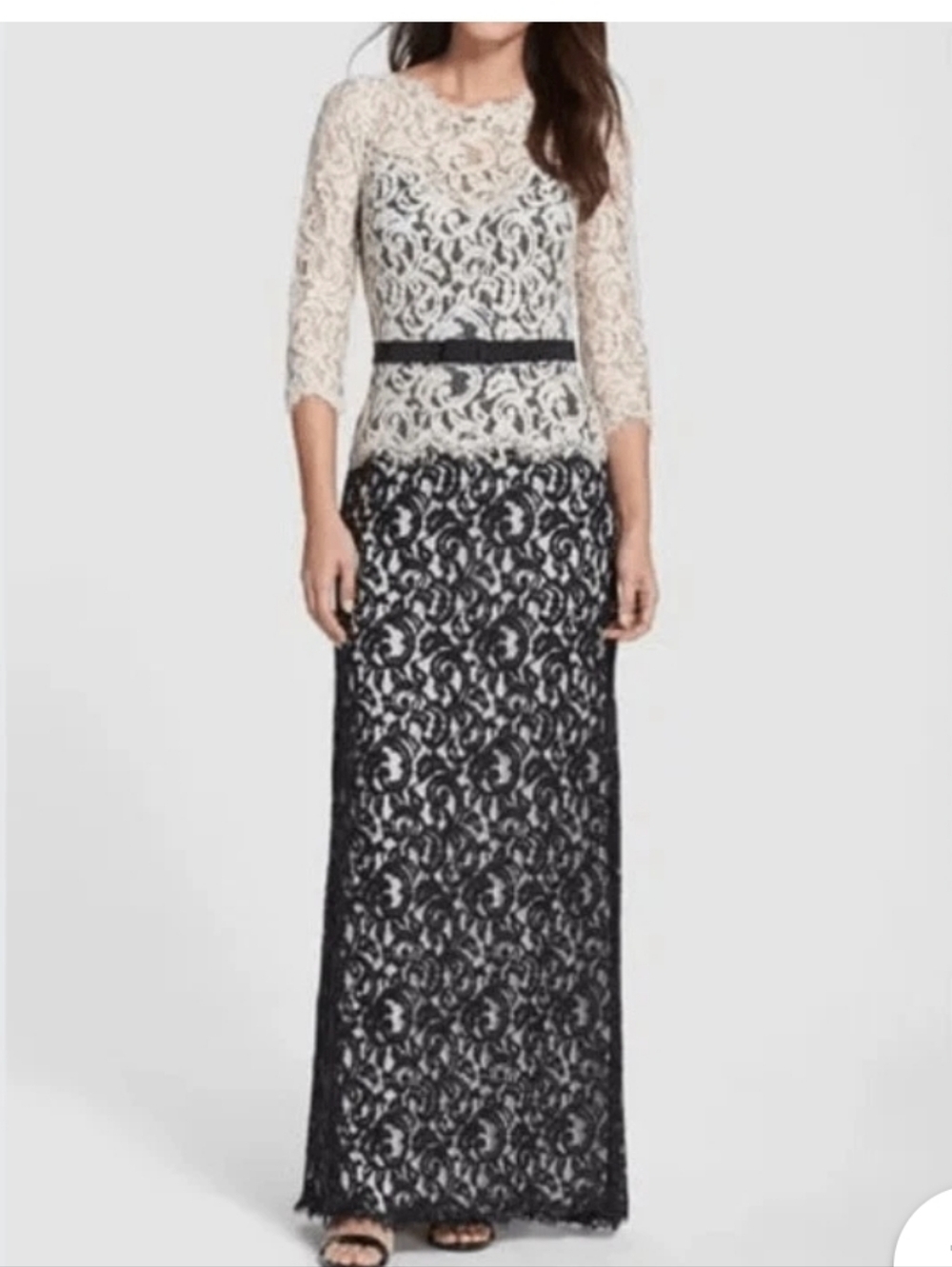 Tadashi Shoji Black and Ivory Lace Maxi Dress